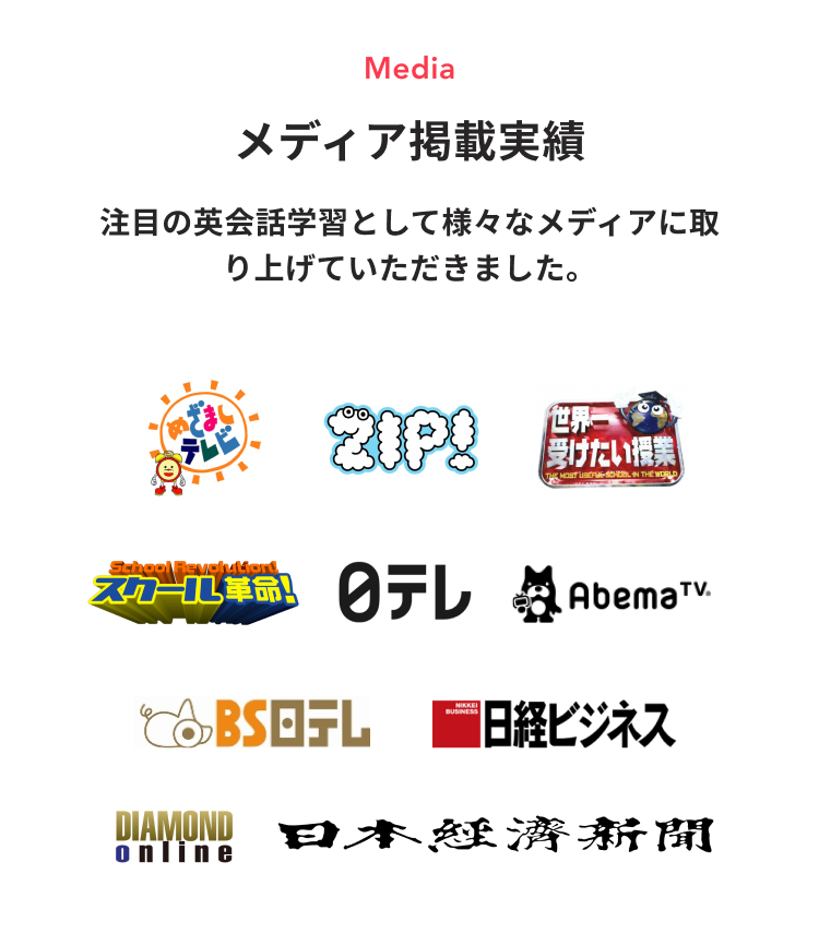 メディア掲載実績。注目の英会話として様々なメディアに取り上げていただきました。めざましテレビ、zip、世界一受けたい授業など。