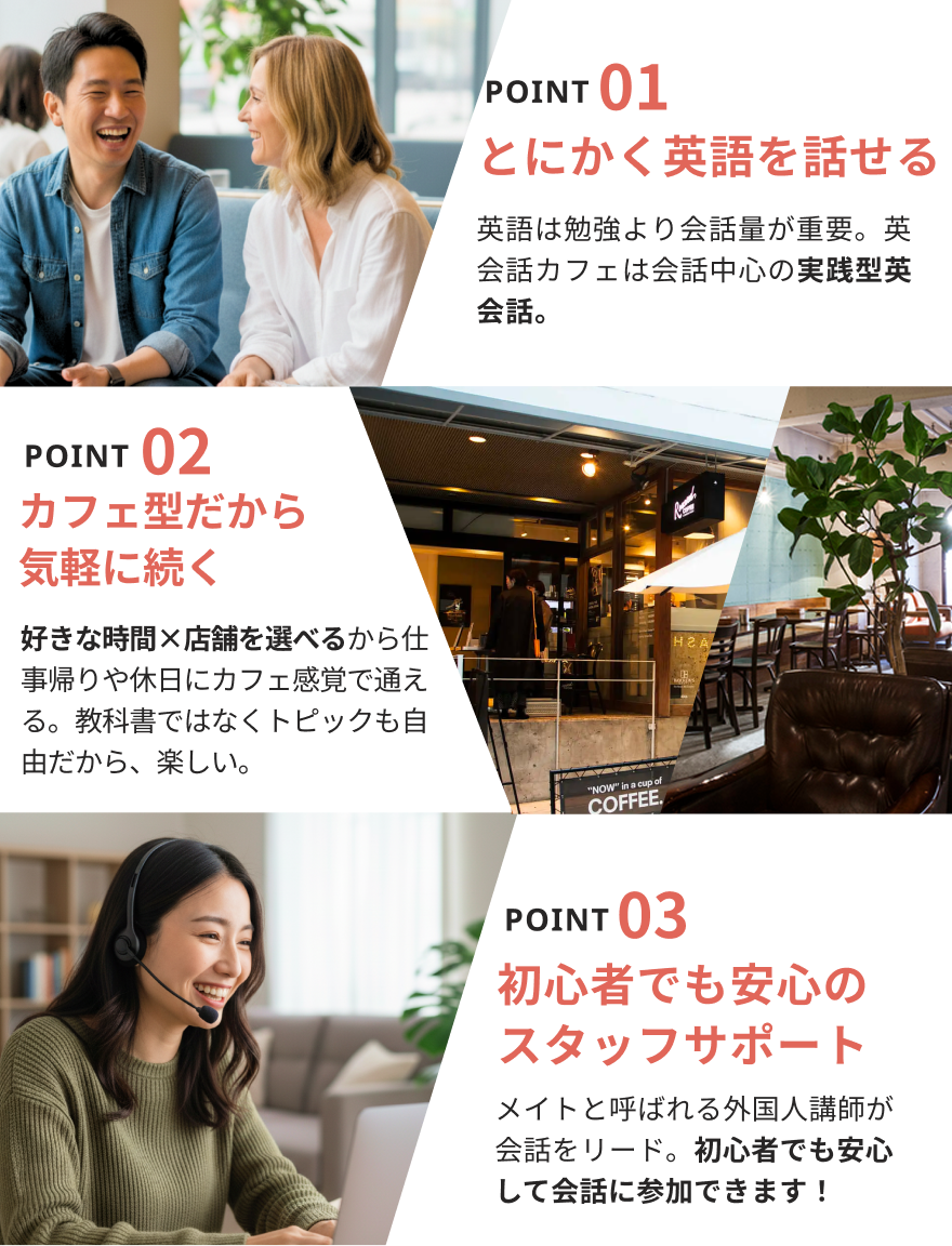 ポイント①とにかく英語を話せる。英語は勉強より会話量が重要。英会話カフェは会話中心の実践型英会話。ポイント②カフェ型だから 気軽に続く。好きな時間×店舗を選べるから仕事帰りや休日にカフェ感覚で通える。教科書ではなくトピックも自由だから、楽しい。ポイント③初心者でも安心の スタッフサポート。メイトと呼ばれる外国人講師が会話をリード。初心者でも安心して会話に参加できます!